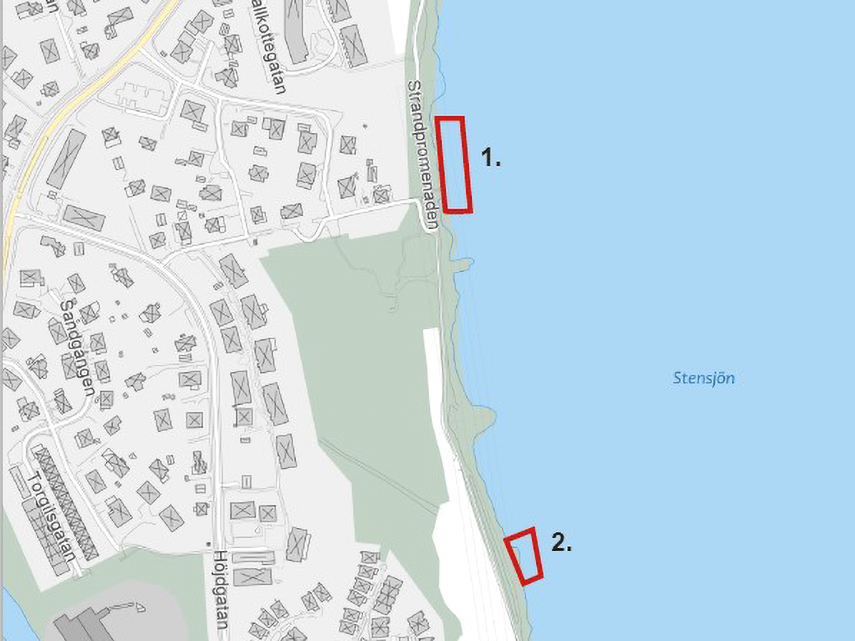 En kartbild visar stensjön. Två röda fält markerar platser längs med promenaden där båtar får läggas upp på land med tillstånd.